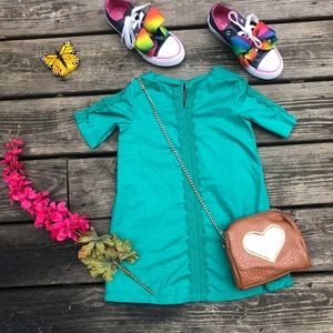 Teal Preppy Elegant Toddler Girls Dress Lace Trim